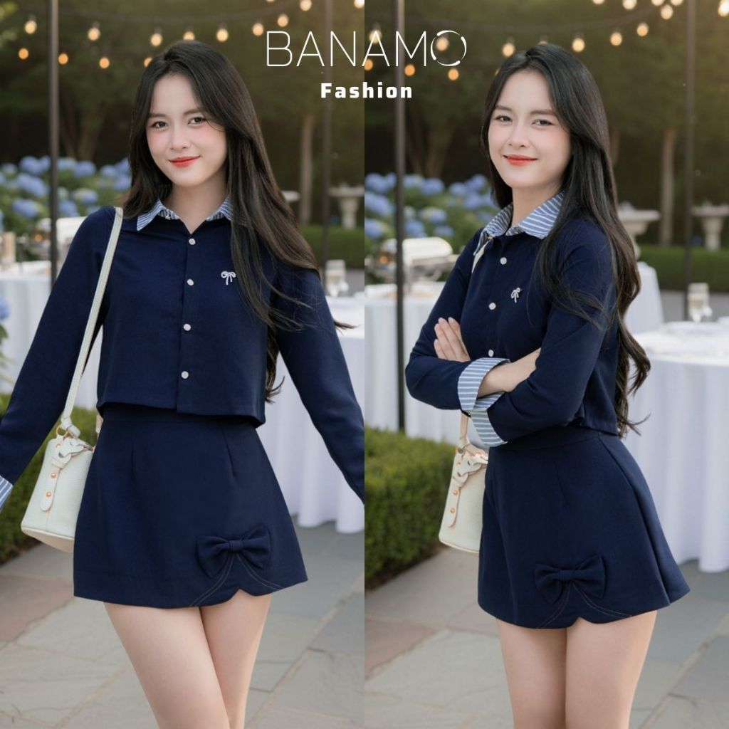 Set đồ nữ BIGSIZE Banamo áo sơ mi dài tay phối cổ kẻ sọc xanh mix chân váy chữ A đính nơ dáng xoè Hàn Quốc 1900 | BigBuy360 - bigbuy360.vn
