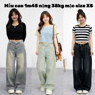  Quần Jean Ống Rộng NẤM LÙN 9 Tấc 90cm Suông Trơn Wash Bụi Cho Nữ Xuông Cạp Cao cho nấm lùn size nhỏ m40 m45 m48 m50 Y2K 