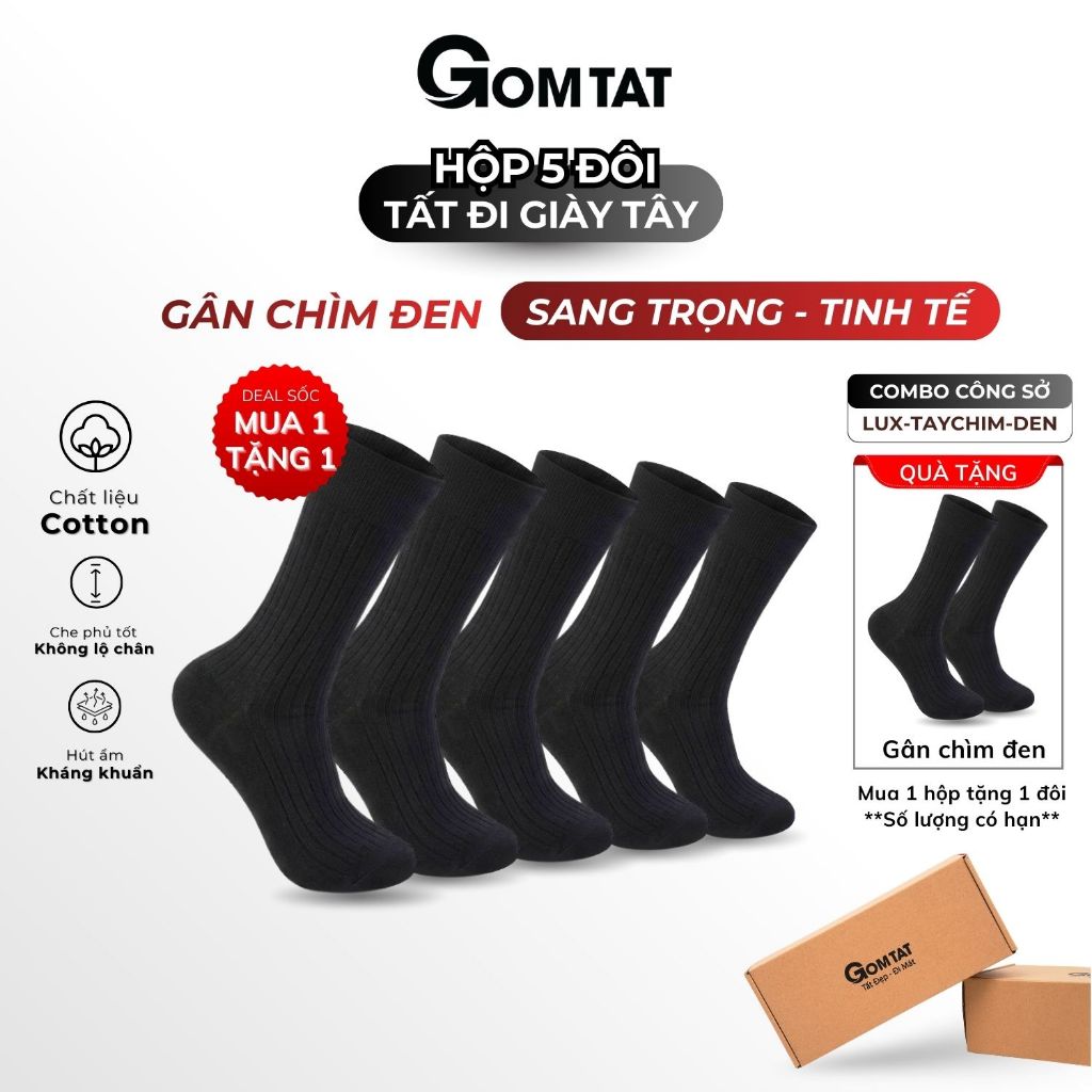 [LIVE] Hộp 5 đôi tất nam đi giày tây cao cổ GOMTAT gân chìm, vớ công sở nam thoáng khí - LUX-TAYCHIM-DEN-CB5