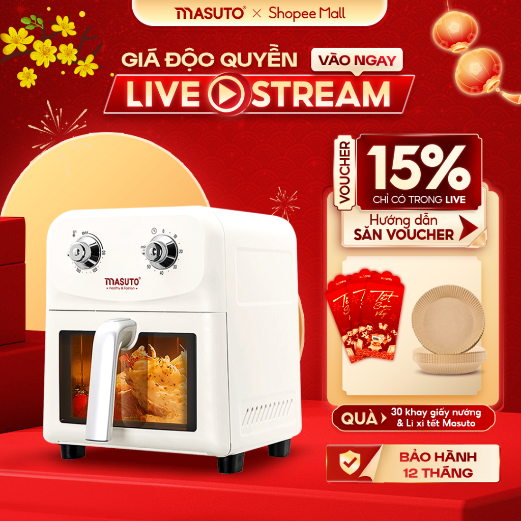 Nồi Chiên Không Dầu Masuto MSChef 6L cửa sổ kính vỏ máy kim loại 1500W Đa Năng An Toàn Live