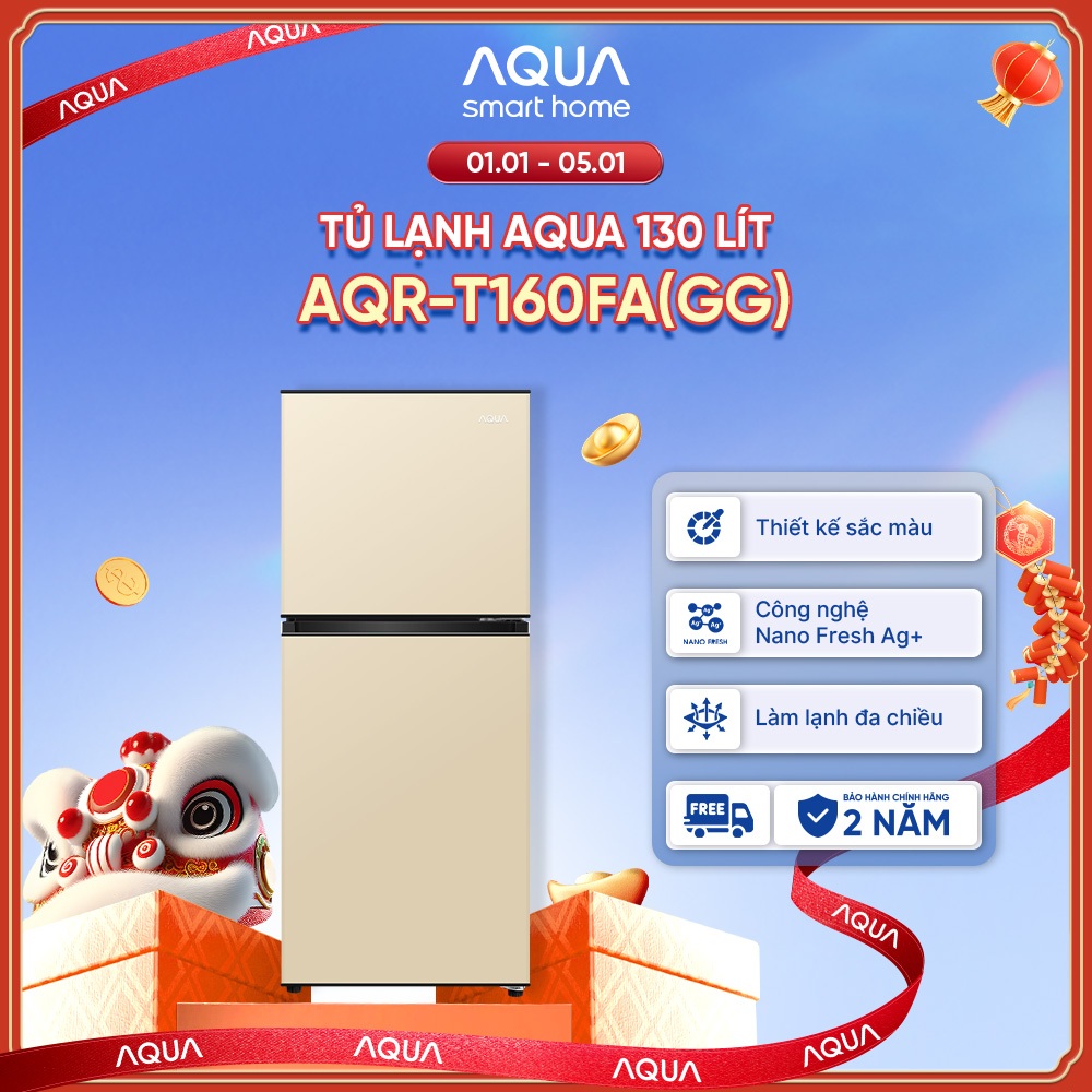   SẢN PHẨM MỚI 2025I  Tủ lạnh AQUA 130 lít ngăn đá trên AQR-T160FA GG   - Màu Be - Freeship toàn quốc - Bảo hành 2 năm 