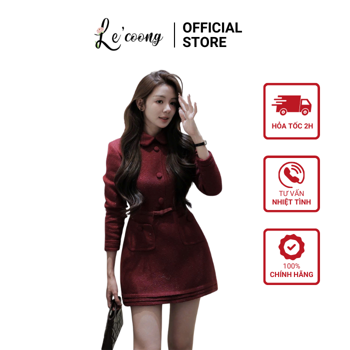 Váy Dạ Tiểu Thư Tay Dài Cổ Sen LECOONG V846 Đầm Đẹp Hai Màu Đỏ Be Cúc Bọc Vải Sang Chảnh