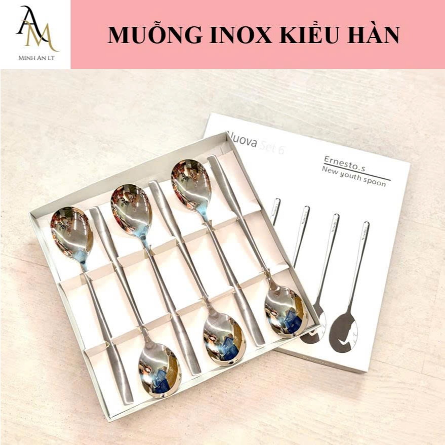 (Hộp 6 cái)  Muỗng Inox 304 Kiểu Hàn, Thìa Ăn Cơm Inox, Thìa Inox 304 Cao Cấp