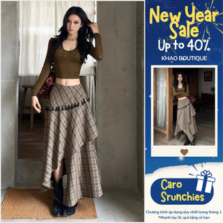 Chân váy caro dáng dài bất đối xứng phối tua rua vintage thời trang nữ – KHAO Boutique 