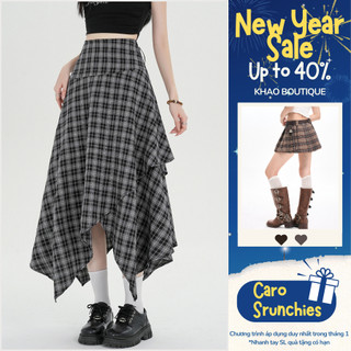  Chân váy caro dáng dài bất đối xứng màu xám phong cách vintage cá tính – KHAO Boutique 