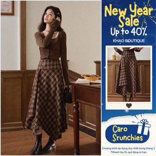  Chân váy dài caro nâu dáng bất đối xứng phối khoá cài vintage thanh lịch | KHAO Boutique 