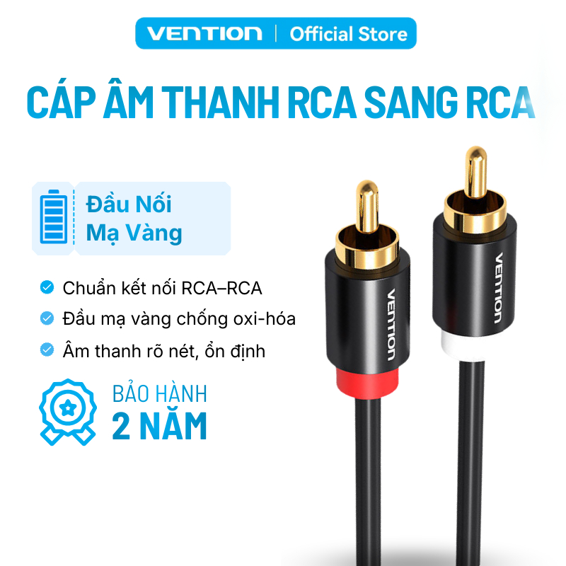 Cáp Âm Thanh RCA to RCA Vention Mạ Vàng - Dây AV 2 Đầu RCA Kết Nối Loa, TV, DVD, Amplifier Âm Thanh 
