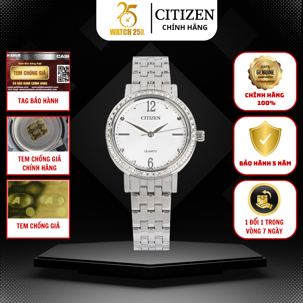 Đồng Hồ Nữ Citizen EL3100-55A Watch25x - Dây Thép Không Gỉ Mặt Trắng Đính Đá Tinh Tế