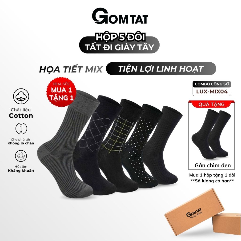 Hộp 5 đôi tất nam cổ cao công sở GOMTAT mẫu MIX04, vớ giày tây nam dài chất liệu cotton cao cấp - LU