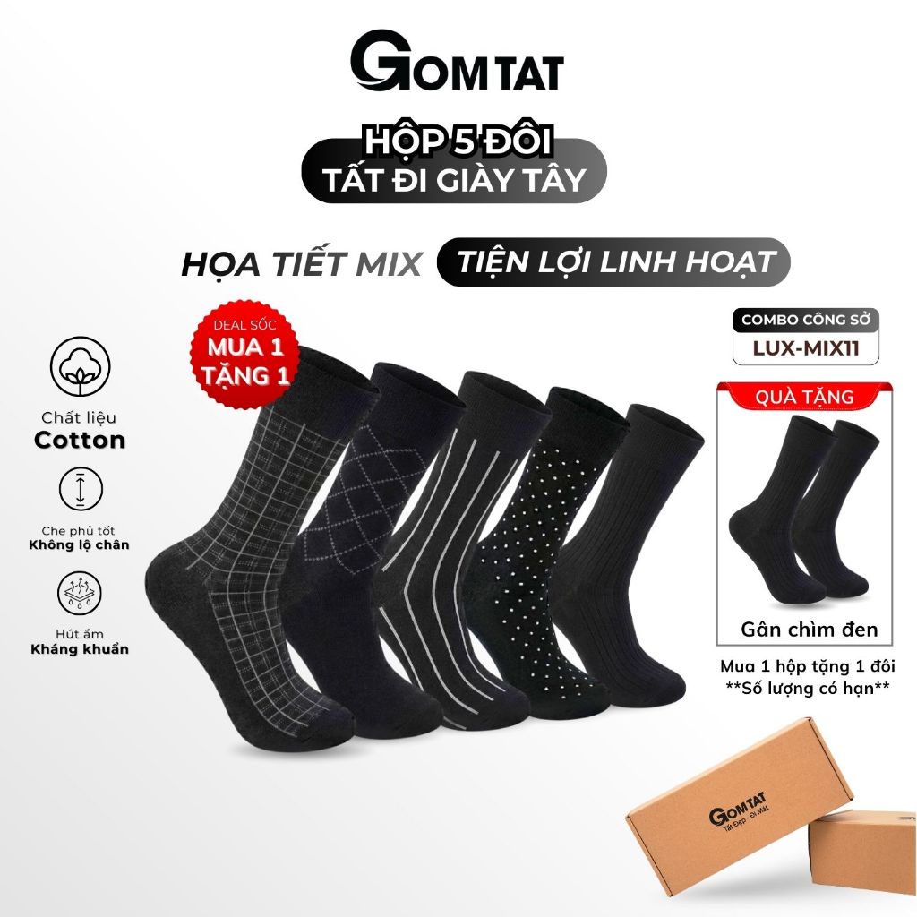 Hộp 5 đôi tất nam công sở GOMTAT mẫu MIX11, vớ đi giày tây nam chất liệu cotton cao cấp - LUX-MIX11-