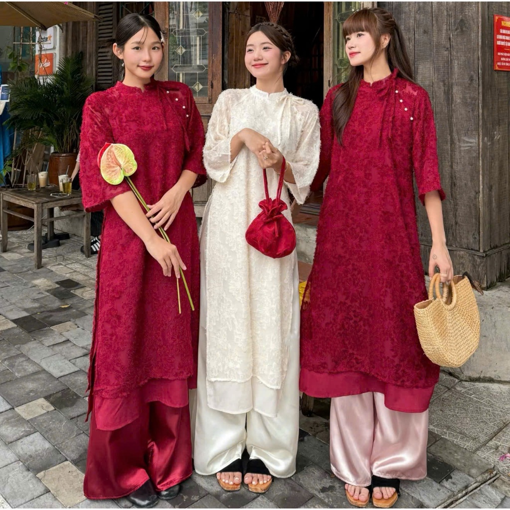 ÁO DÀI YẾN PHƯỢNG CÁCH TÂN LÔNG VŨ ĐÍNH NƠ TAY LỠ ÁO DÀI TẾT 2025 - LYMZSTORE