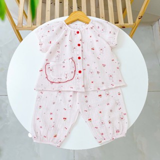 Bộ đồ ngủ bé gái tay ngắn xô muslin Lá Homewear A367, đồ dài mặc ngủ cho bé cộc tay capybara, kỳ lân dễ thương