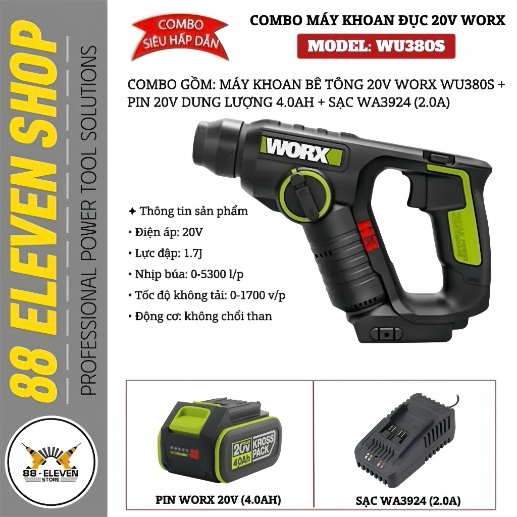Combo Máy Khoan Đục 2 Chức Năng 20V Worx WU380S
