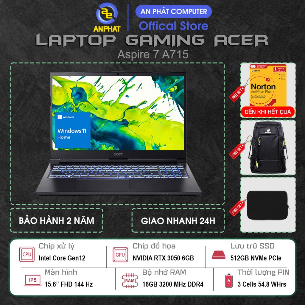 Laptop Acer Aspire 7 A715-59G-73LB NH.QX6SV.002, Core i7-12650H, RTX 3050 6GB, 15.6 FHD 144Hz, Win11