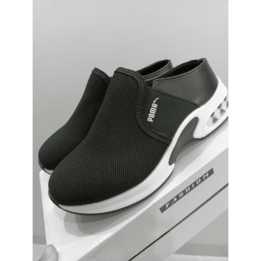 Sục độn đế, giày nữ 9 phân siêu nhẹ tăng chiều cao, da phối lưới màu đen in phản quang chữ sop, mũi 