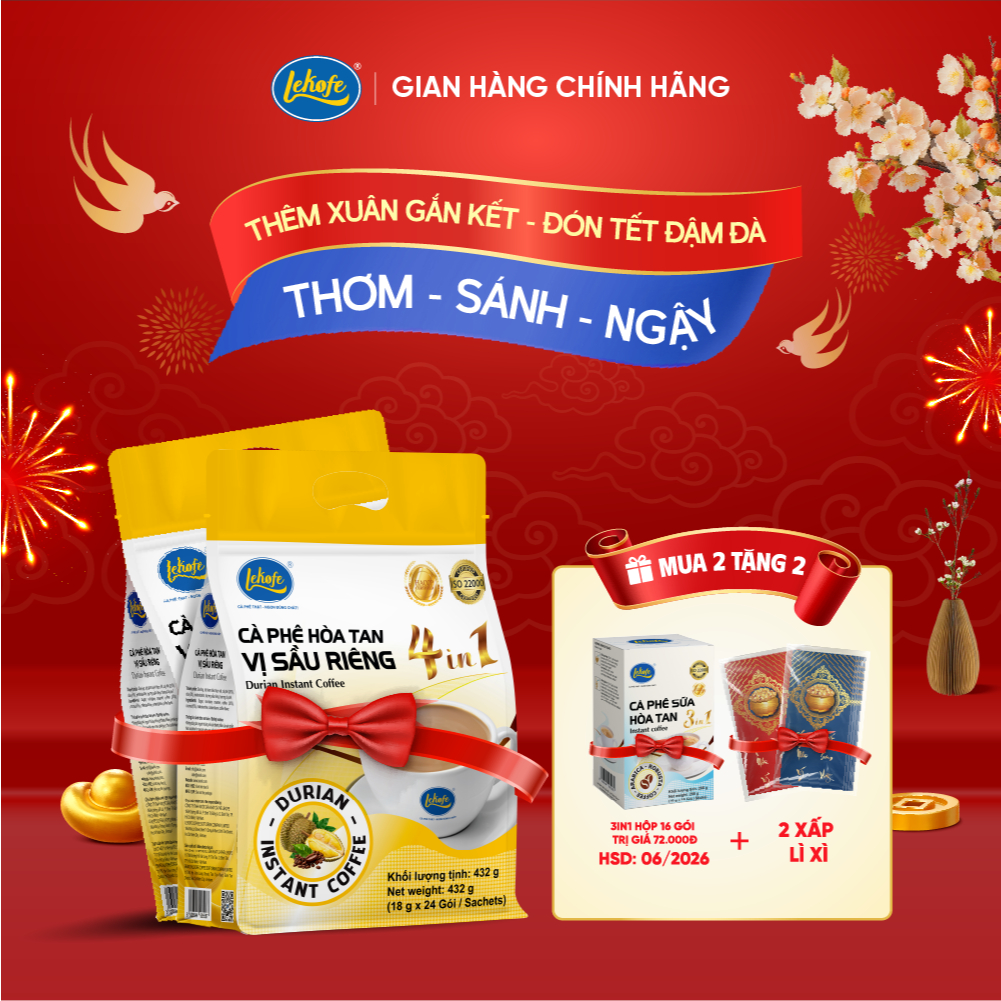 [MUA 2 TẶNG 2] Combo 2 túi cà phê hòa tan 4in1 lekofe - 48 gói x 18g Vị Sầu Rõ Nét- Béo Thơm Hài Hòa