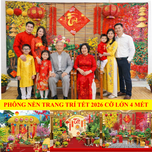 TRANH TẾT DECOR NHÀ CỬA sự kiện bằng vải in 3D nét từng chi tiết. Phông nền chụp ảnh Tết 2026 TET01-
