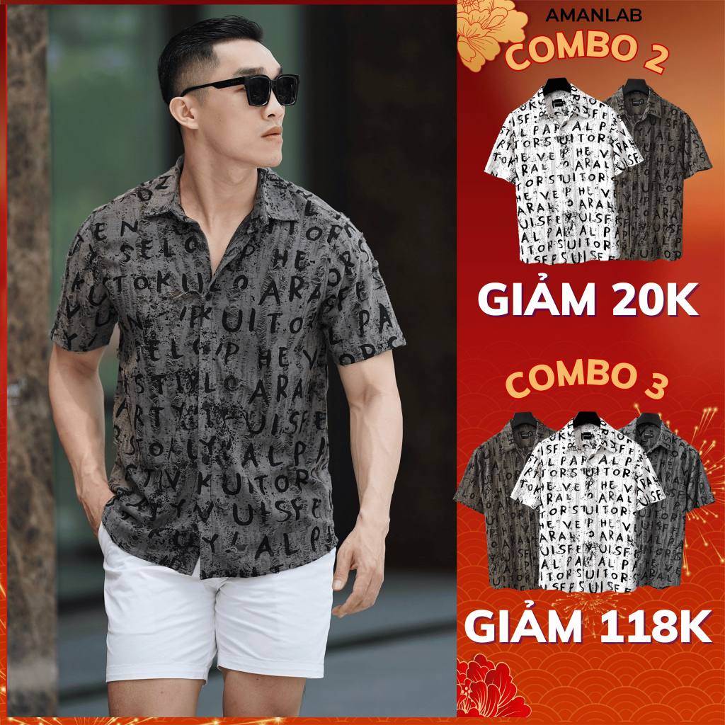 Áo sơ mi cotton xước tưa chỉ phong cách luxury form regular, họa tiết chử Cái AMANLAB