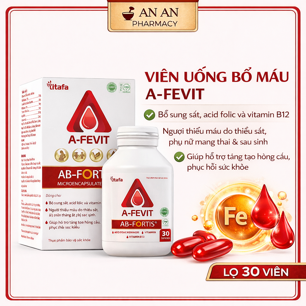 Viên Uống Bổ Máu A-Fevit – Bổ Sung Sắt & Acid Folic, Hỗ Trợ Ngừa Thiếu Máu, Dễ Hấp Thu, Lọ 30 Viên