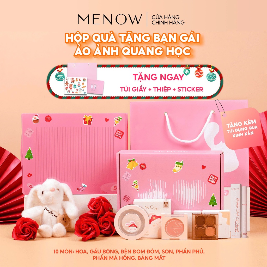  Hộp quà tặng trang điểm dành cho bạn gái kèm túi quà gấu bông hoa sáp và đèn Menow Bunny Box 