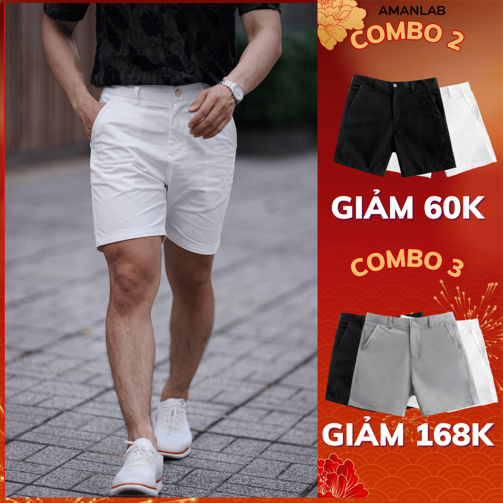 Quần short nam chất vải kaki basic , co giãn thoải mái Trắng, Xám, Đen AMANLAB
