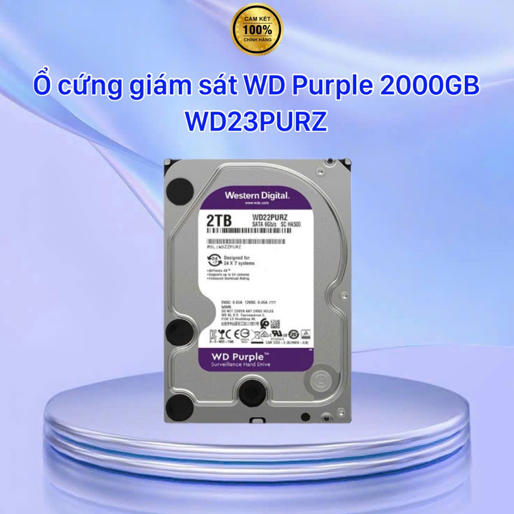 Ổ cứng HDD 2000GB WD tím chuyên camera, ổ cứng giám sát WD Purple 2TB WD23PURZ