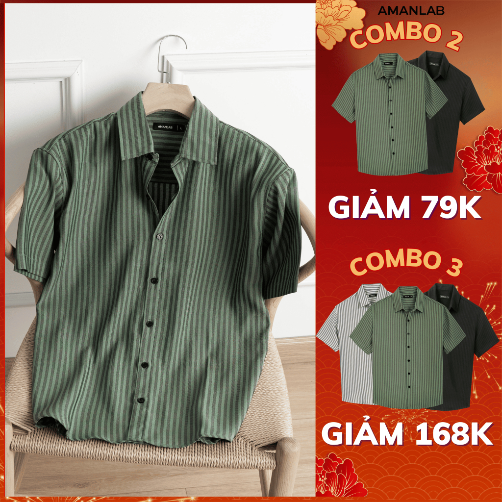 Áo sơ mi ngắn tay, kiểu sọc dọc, vải cotton chống nhăn, form regular VYN AMANLAB