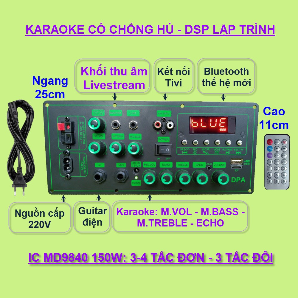 Mạch loa kéo MD9840 150 DSP lập trình chống hú, chỉnh Bass Treble Micro