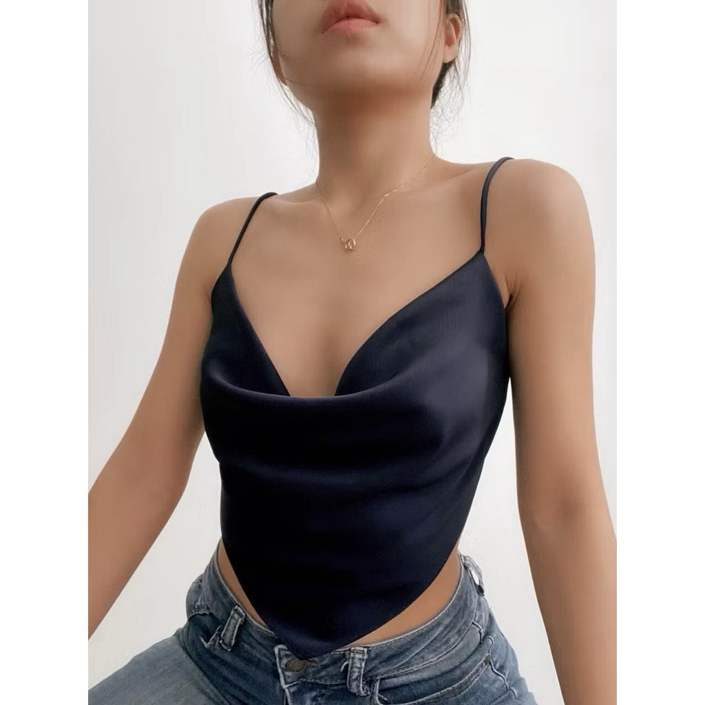 Áo yếm 2 dây vải lụa đen hở lưng gợi cảm quyến rũ style y2k phong cách ayserkris like jennie
