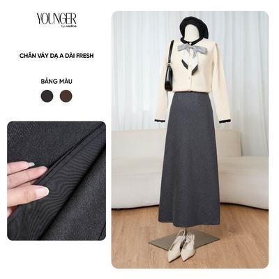 Chân váy nữ FRESH YOUNGER BY CARDINA chất liệu dạ dáng dài chữ A phối viền cạp nhung 5YCVA08