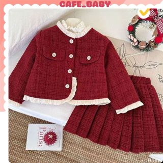   8-28kg  Set Áo Váy Xếp Ly Dạ Tweed Đỏ Đô 2 Lớp Dày Dặn Phối Bèo Dễ Thương Cho Bé Gái Mặc Thu Đông Tết - BABY542 