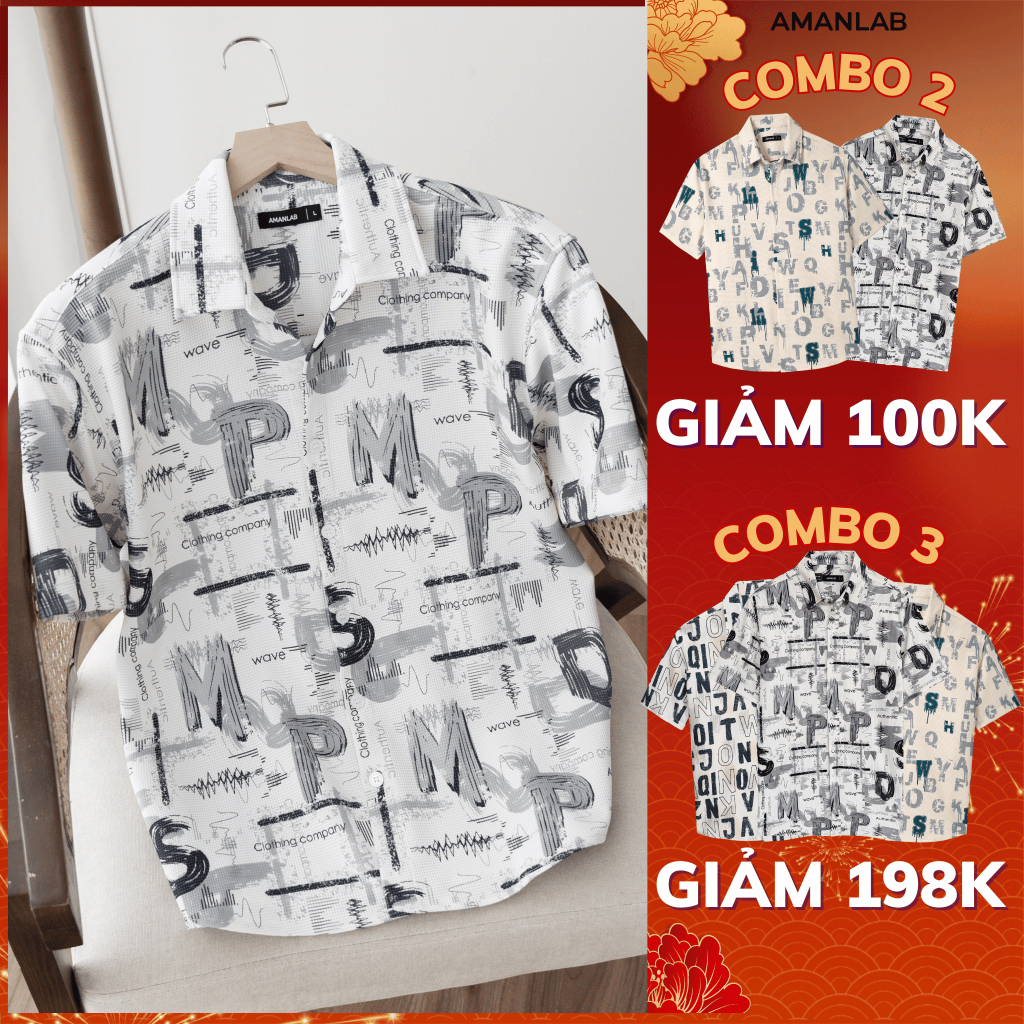 Áo sơ mi tay ngắn, chất vải Cotton Piqué thoáng mát, không nhăn, họa tiết chữ in LIMO AMANLAB
