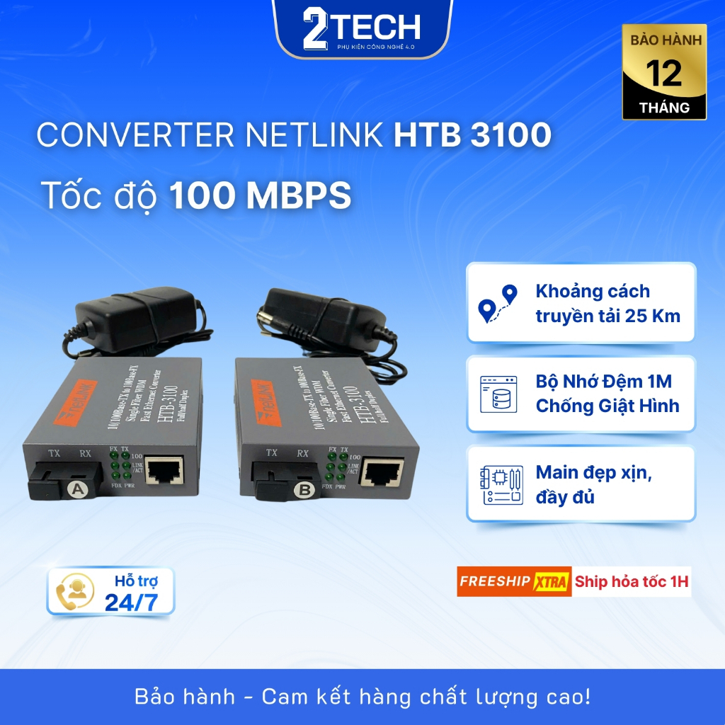 Converter quang NetLink HTB-3100 A/B 1 sợi quang 100Mbps-25KM, Hàng chính hãng, BH 12 tháng
