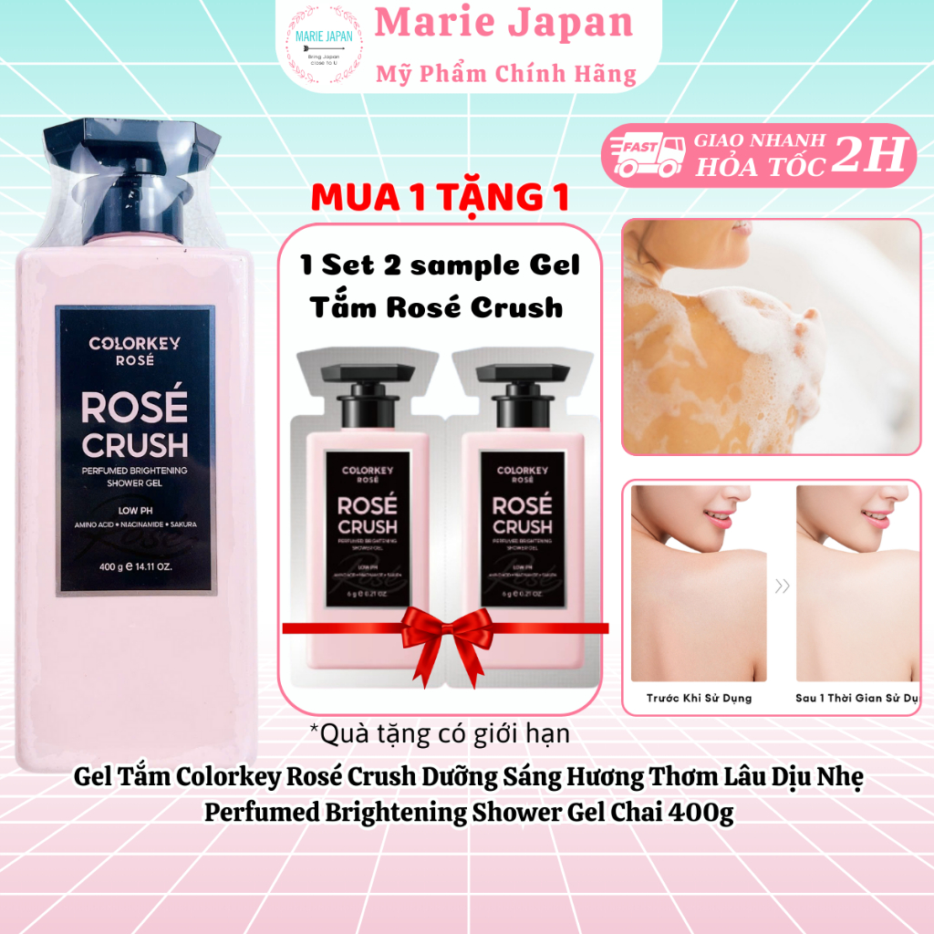 Gel Tắm Colorkey Rosé Crush Dưỡng Sáng Hương Thơm Lâu Dịu Nhẹ Chai 400g-TẶNG 1 SET 2 SAMLE GEL TẮM R