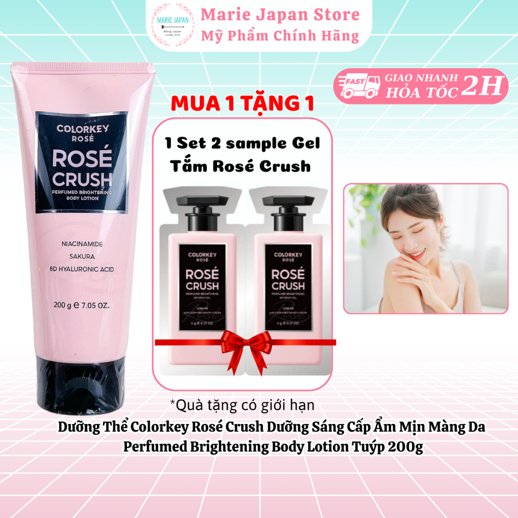 Dưỡng Thể Colorkey Rosé Crush Dưỡng Sáng Cấp Ẩm Mịn Màng Da Tuýp 200g Marie Japan-TẶNG 1 SET 2 SAMLE