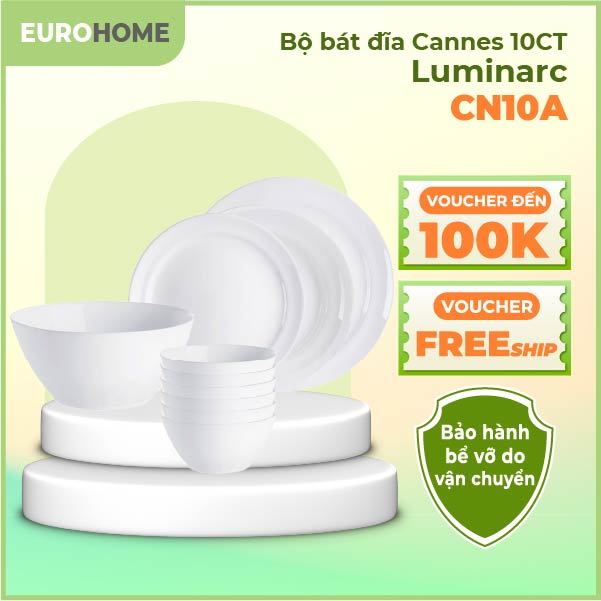Bộ bát đĩa Luminarc Cannes 10 chi tiết CN10A | Dùng được trong lò vi sóng, máy rửa bát.