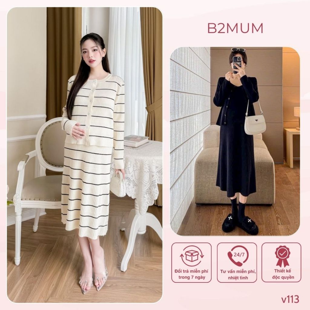 Set váy len suông gồm váy 2 dây và áo cardigan - set đồ mặc được thường và khi bầu V113 B2MUM