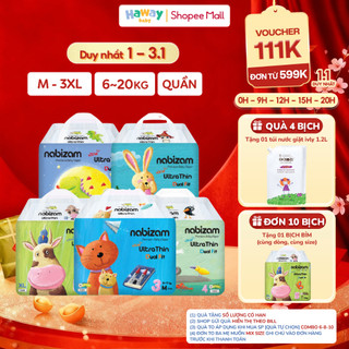  Combo 4 Tã Bỉm QUẦN NABIZAM Ultra Thin M32 L30 XL26 2XL22 3XL20 Cho Bé 6-25kg Nội Địa Hàn Mềm Mại Mỏng Nhẹ HAWAY 
