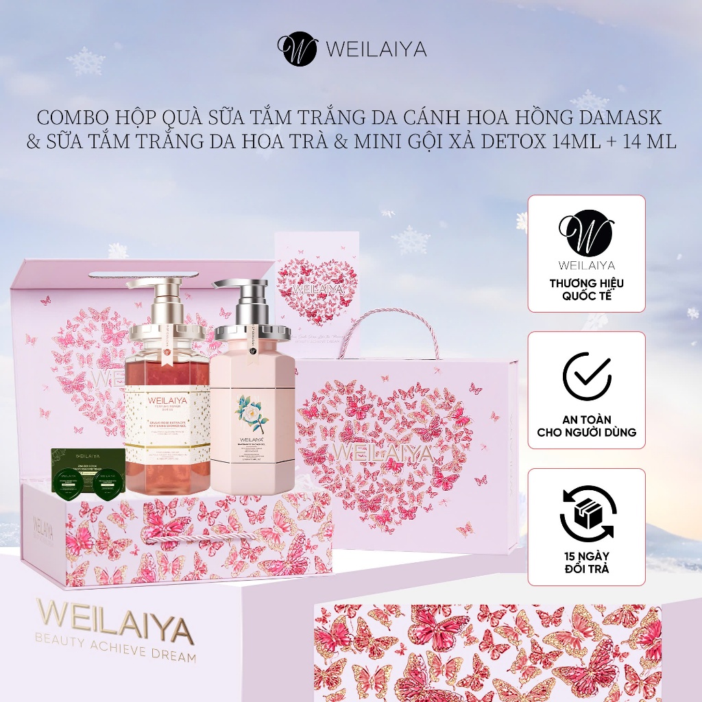  Sữa tắm trắng da cánh hoa hồng Damask 450ml và Sữa tắm trắng da làm sạch da toàn thân Niacinamide WEILAIYA 450ml 