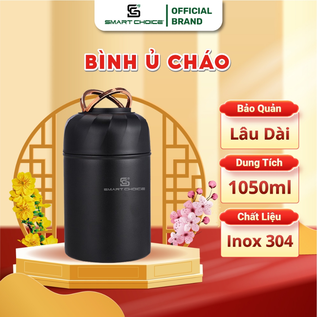  Bình Ủ Cháo Giữ Nhiệt Inox 304 SMARTCHOICE SCG-PK016 Hộp Ủ Cháo Inox 1050ML Kèm Muỗng 