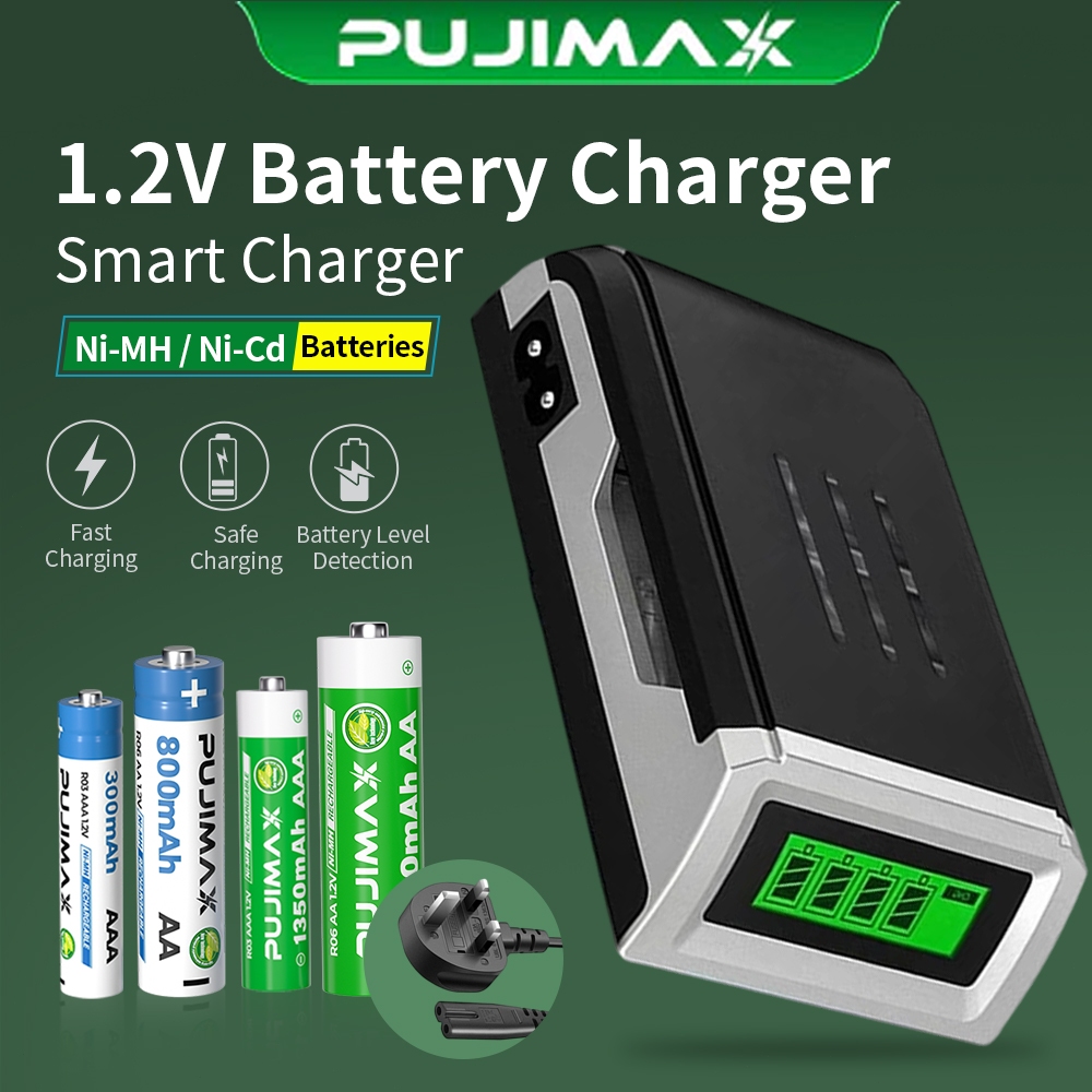 Pujimax Bộ sạc pin 4 khe 1.2V Ni-MH Máy sạc pin thông minh LCD 2A, 3A di động - Sạc nhanh pin NiMH N