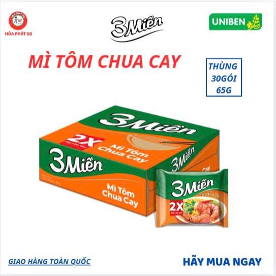 Thùng 30 gói mì 3 Miền Tôm Chua Cay 65g - 65/30 gói Mì 3 Miền Tôm Chua Cay (2X) - Mì 3 Miền
