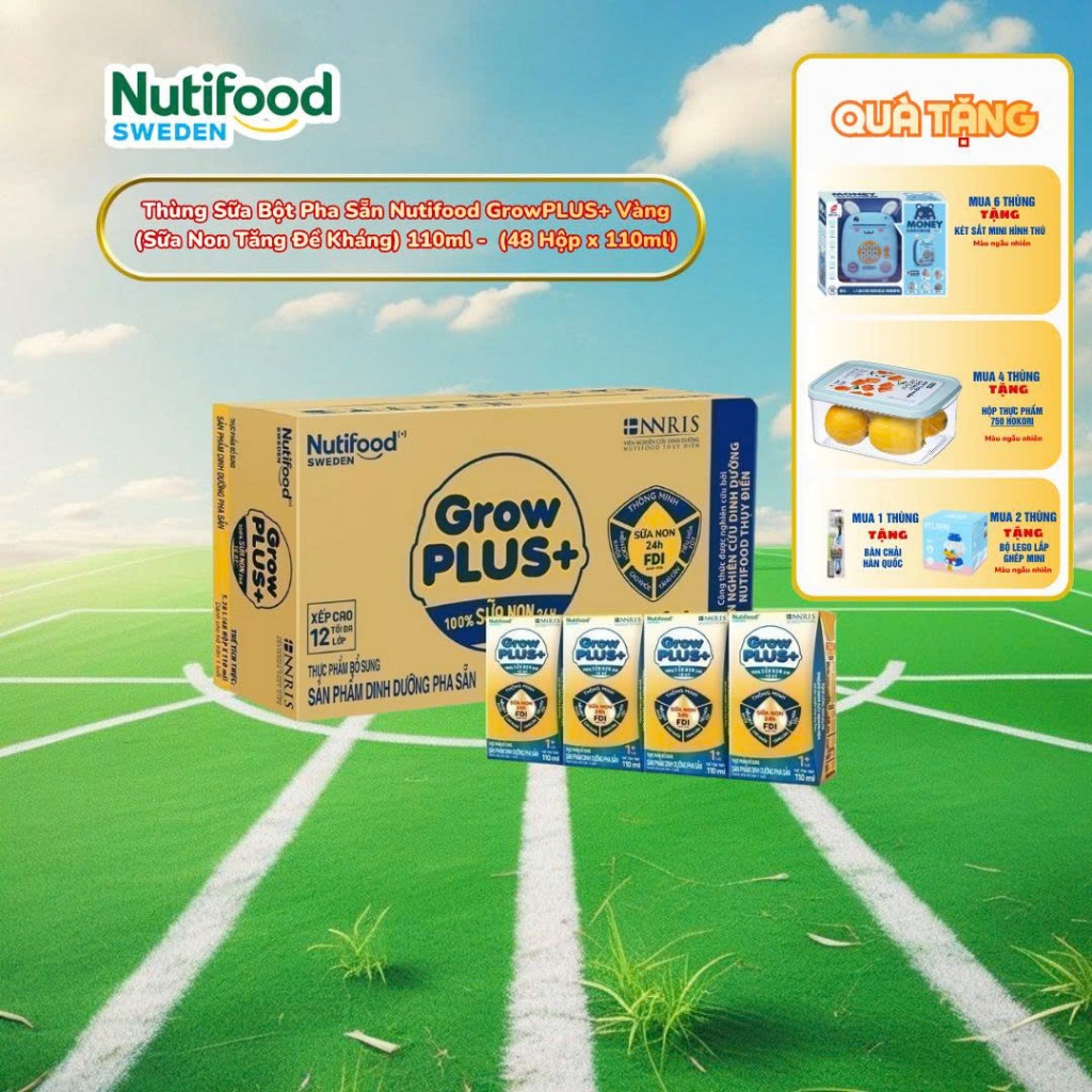 [Chính Hãng] Thùng Sữa Bột Pha Sẵn Nutifood GrowPLUS+ Vàng (Sữa Non Tăng Đề Kháng) 110ml -  (48 Hộp 