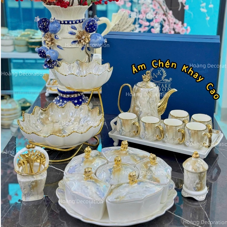 Khay Đựng Mứt Tết Nắp Sứ Vân Đá Cao Cấp Đón Xuân 2026. Khay Mứ Vân Đá