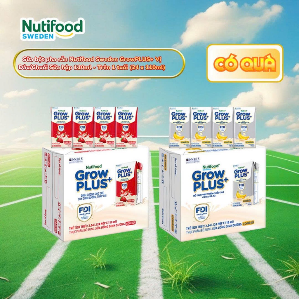 Thùng 24 hộp Sữa bột pha sẵn Nutifood GrowPLUS+ Vị Trái Cây Dâu Chuối hộp 110ml - Trên 1 tuổi (24 hộ
