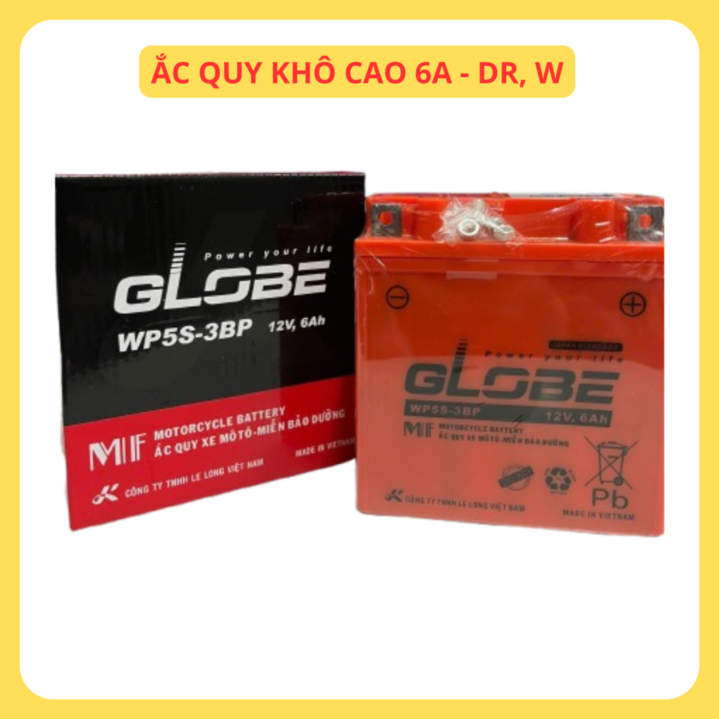 Bình ắc quy khô cao 12V/6Ah - Ắc quy hiệu GLOBE - Ắc quy WP5S-3BP dành cho xe máy DR,W,... và các lo