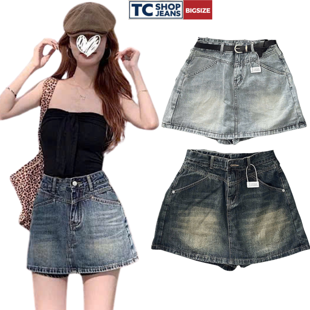 Quần Short Váy Jean Trơn Thêu Nơ Sau  TC SHOP JEANS BIGSIZE 55kg-90kg Chất Jean QC Mã 2102