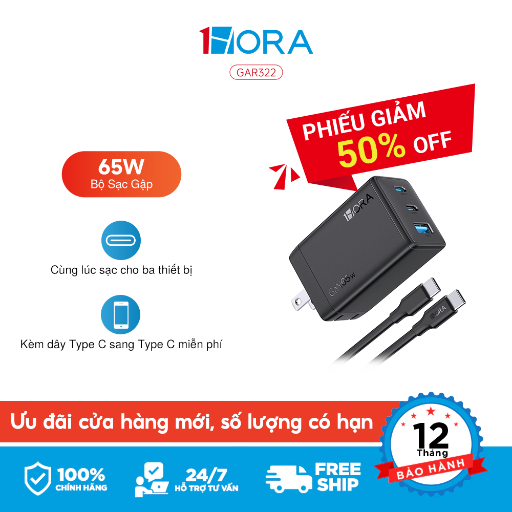 Bộ Sạc Gập GaN 65W 1HORA - Sạc Nhanh 3 Đầu PD Type C, Tương Thích Mac, Samsung, Xiaomi, iP, Oppo, Kè