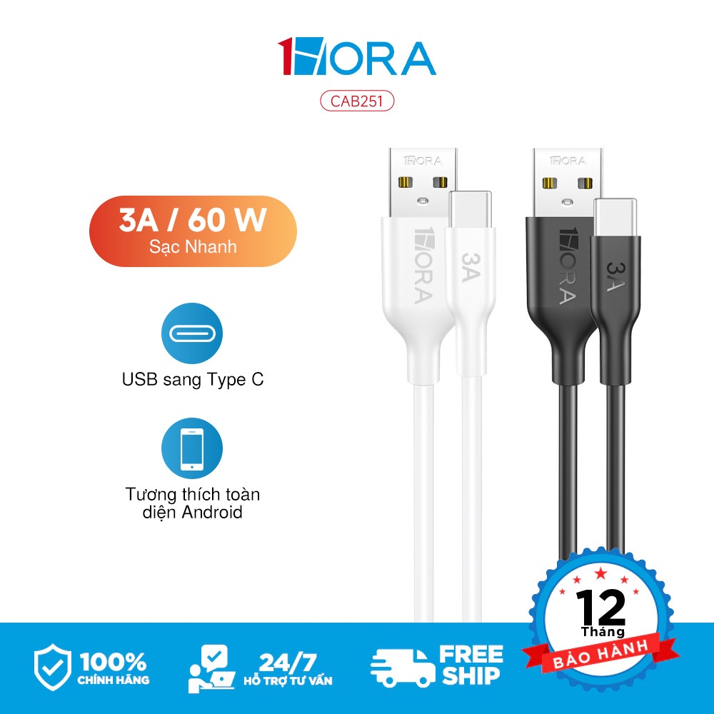 Cáp sạc type c sạc nhanh 3A 60W 1HORA dài 1m Cáp typec dùng cho Samsung Xiaomi Oppo iP