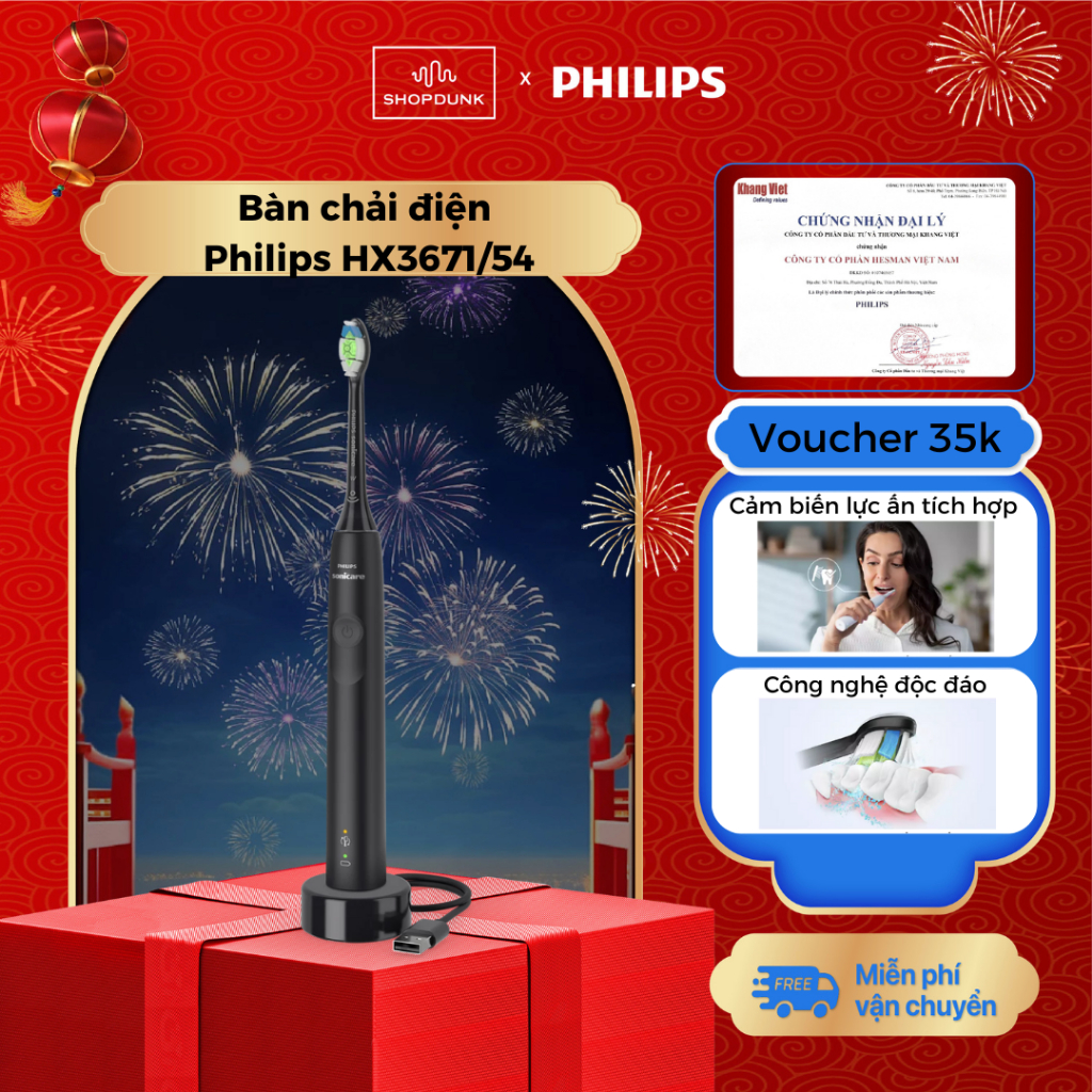 Bàn Chải Điện PHILIPS Sonicare HX3671/54-HX3671/23, Công Nghệ Sóng Âm, Cảm Biến Áp Lực, Bảo Hành 2 N